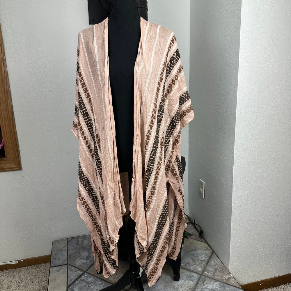 Boho Pink Striped Gauze Kimono Wrap Shawl Beach Coverup One Size Oversized Wrap